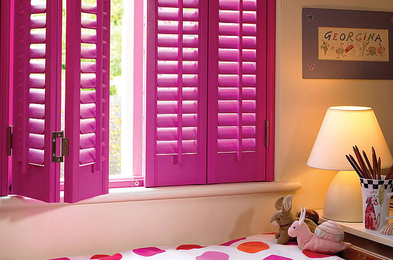 custom colour plantation shutters pink bedroom